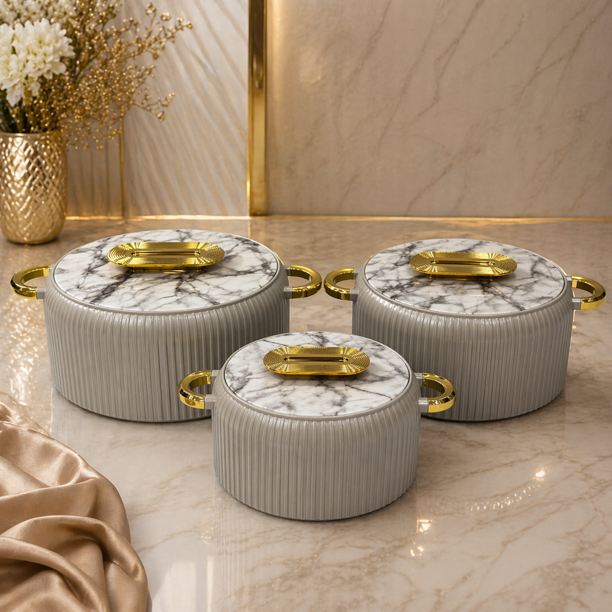 Luxury Marble Hotpot Set – 3pcs Insulated Casserole