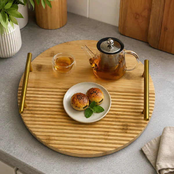 2 Pcs Round Bamboo Serving Tray Set with Gold Handles