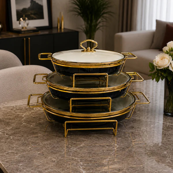 Oval Black Glass Lid Serving Dish Set