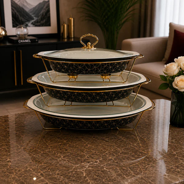 Oval Black Pattern Glass Lid Serving Dish Set