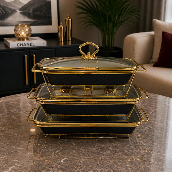 Rectangular Black Glass Lid Serving Dish Set