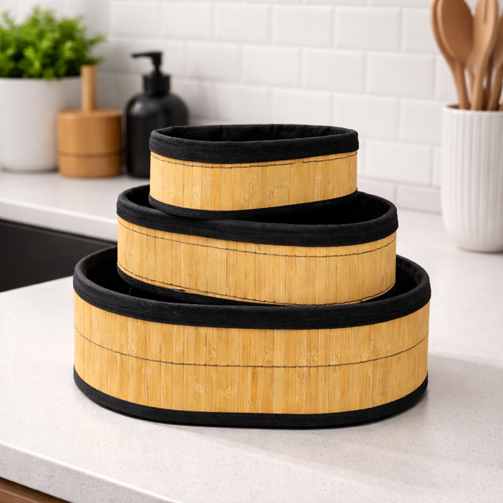 Multipurpose Bamboo Basket Set Black Round