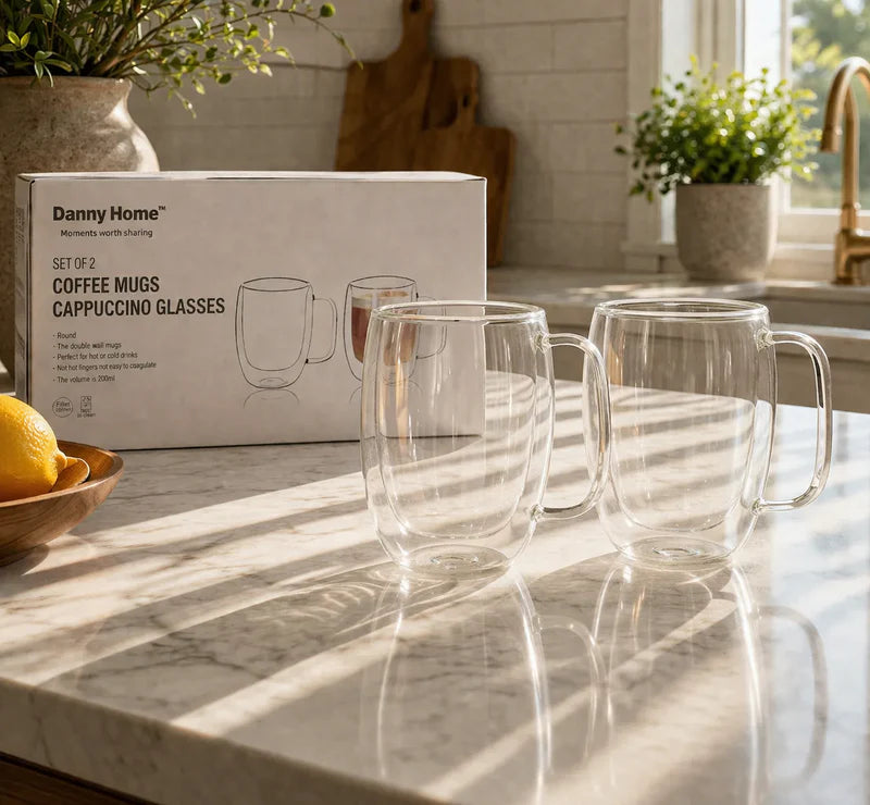 Danny Home Double Walled Glass Mug with Handle 200ml - 2Pcs Set