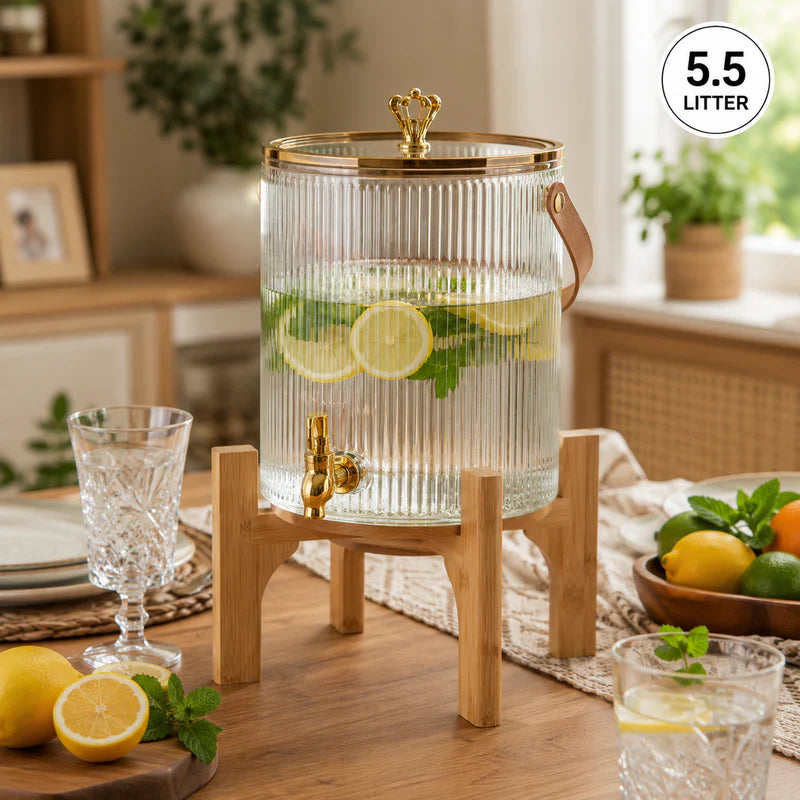 5.5L Ribbed Glass Beverage Dispenser with Wooden Stand & Gold Tap