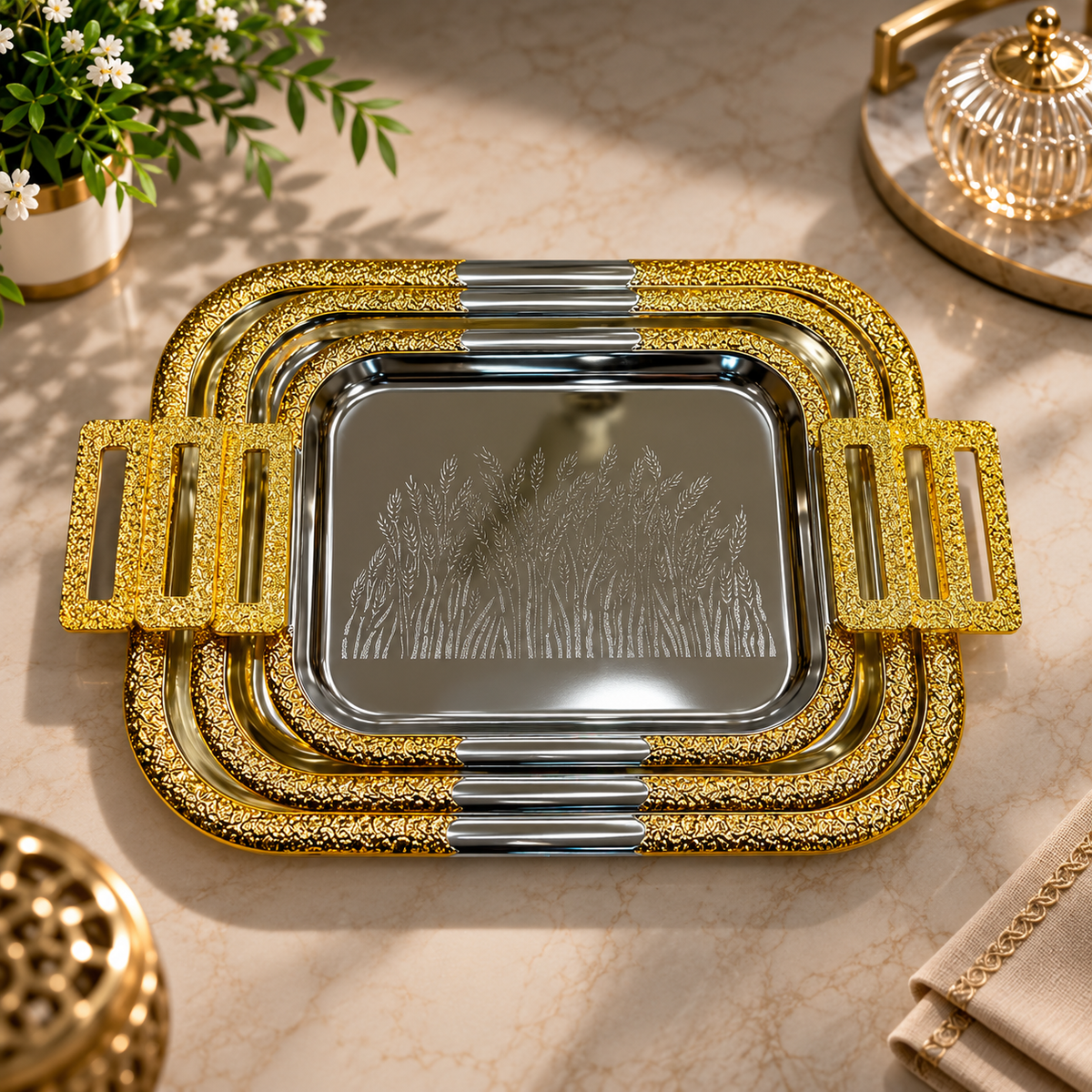 3-Piece Stainless Steel Rectangular Tray Set