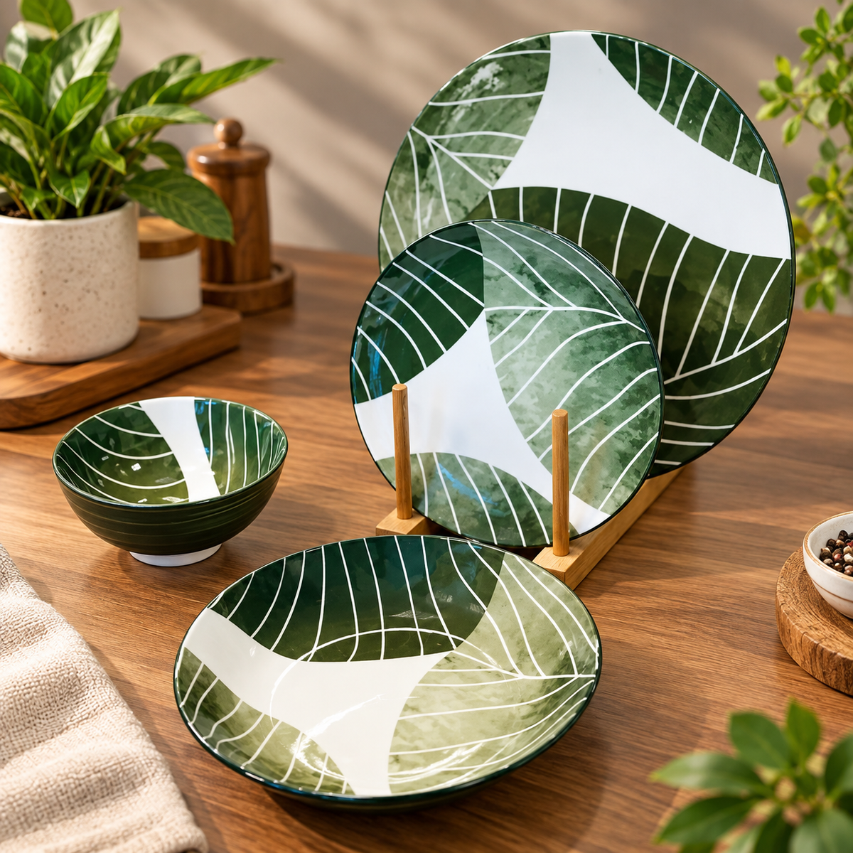 24-Piece Premium Green & White Ceramic Dinnerware Set