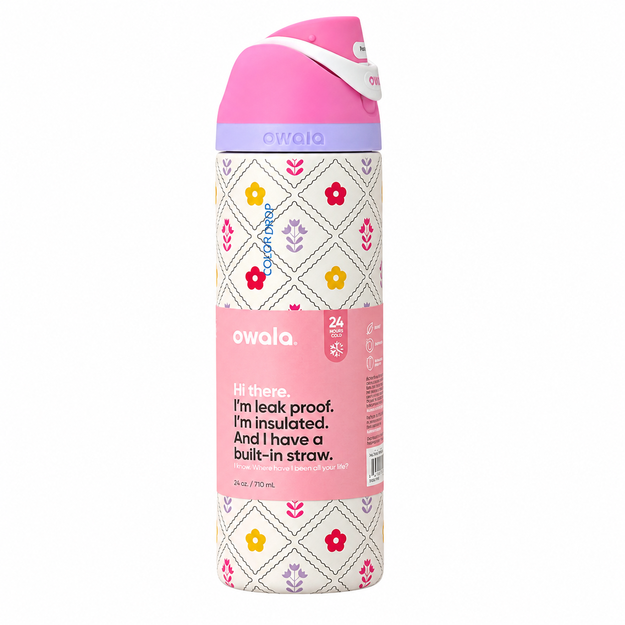 Owala 24oz Insulated Water Bottle – Leak-Proof FreeSip Straw Lid (Floral Pastel Edition)