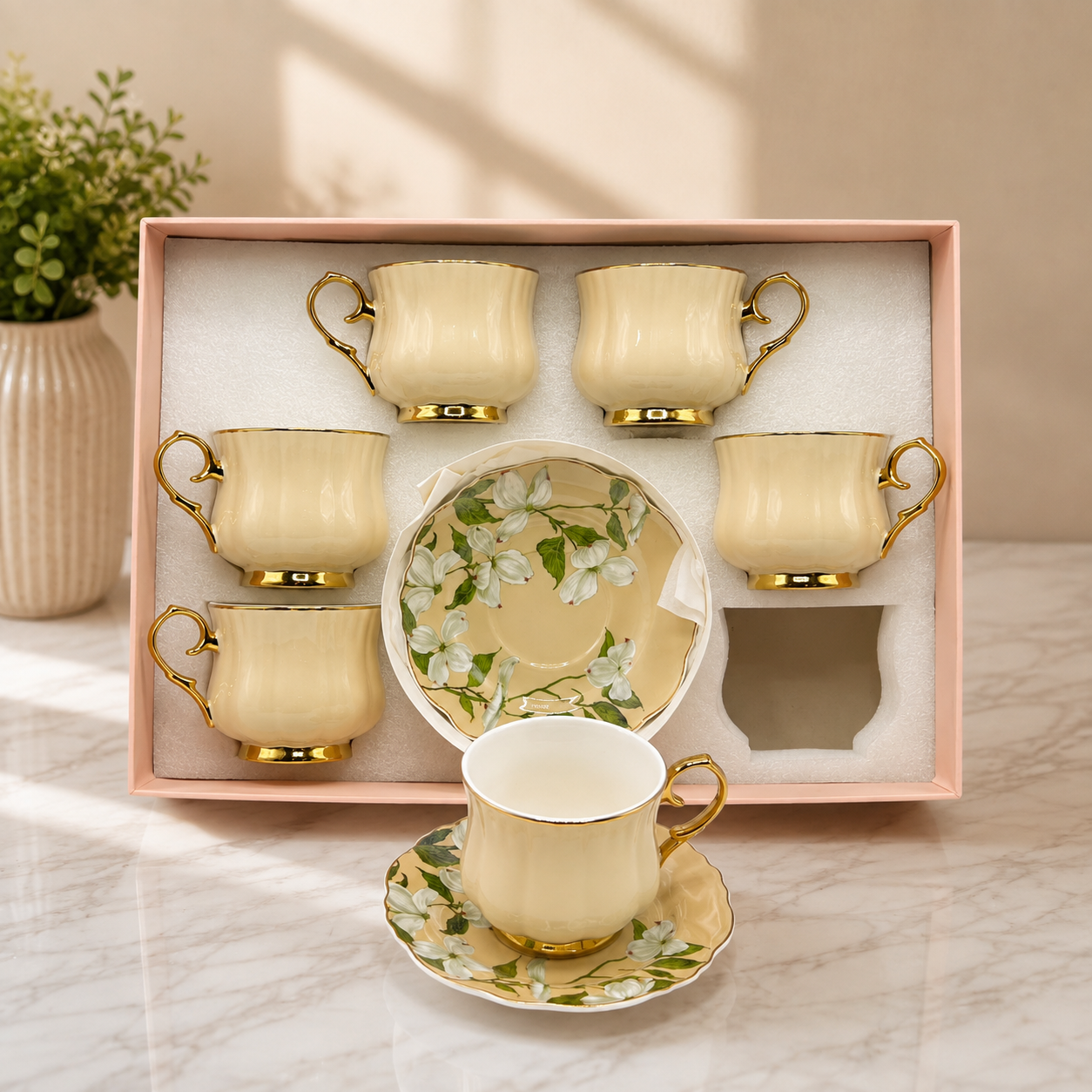 Cream Floral Cup & Saucer Set – 12 Pieces
