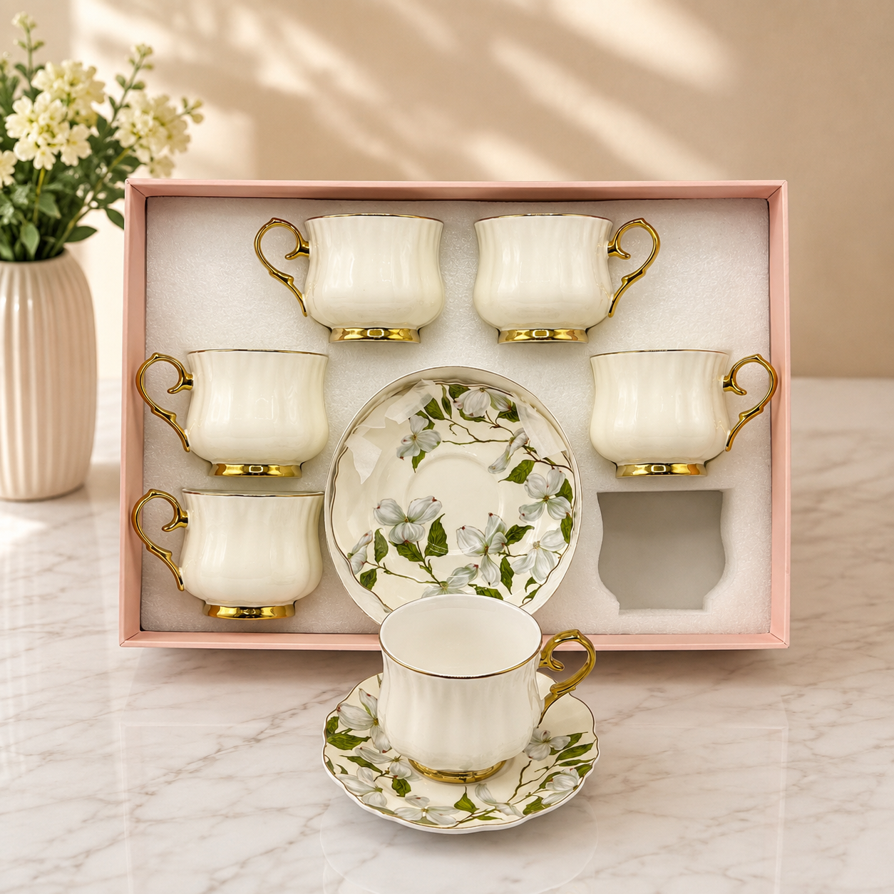 Ivory Floral Cup & Saucer Set – 12 Pieces