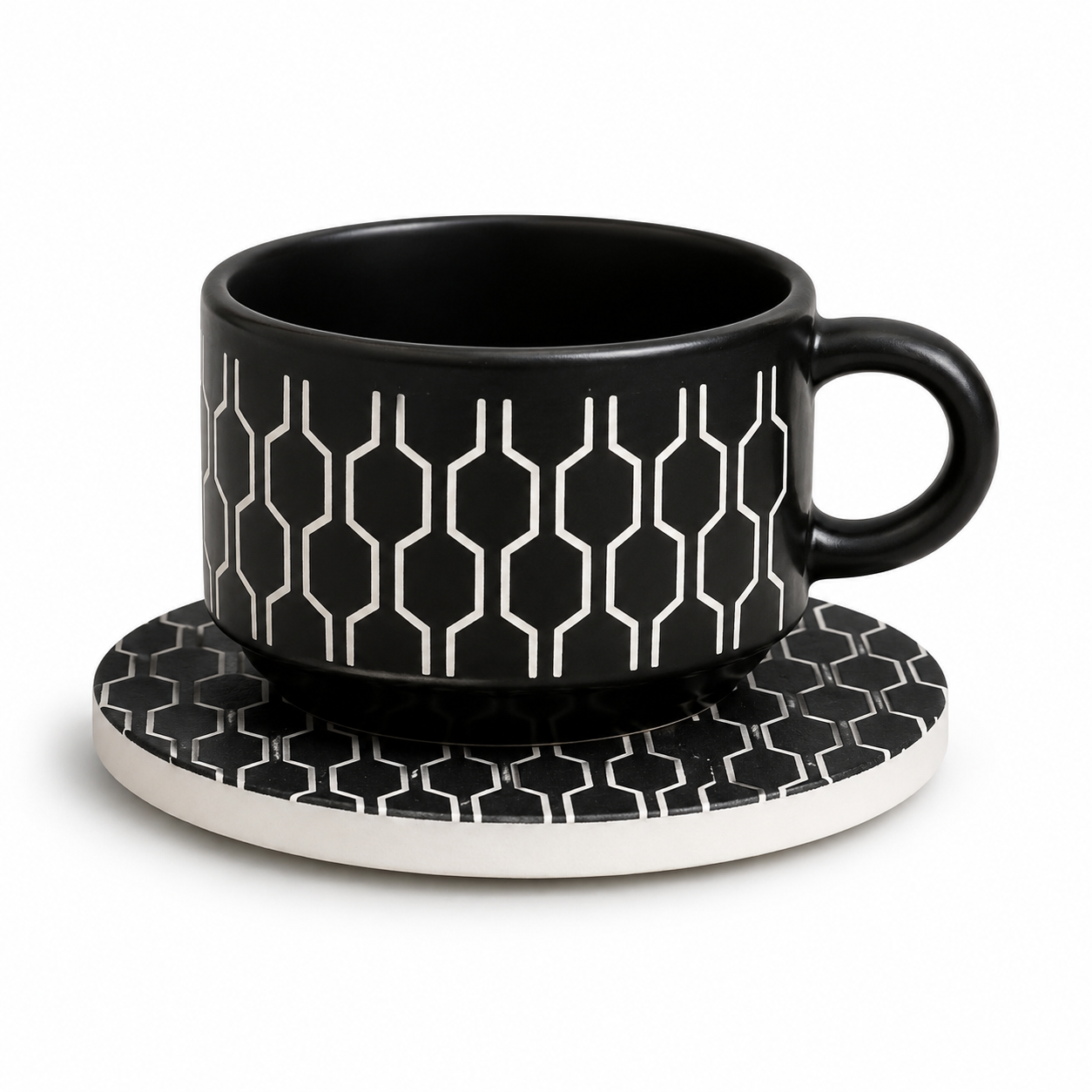 Danny Home Contemporary Ceramic Cup & Saucer Set – 6 Pcs | Black Geometric