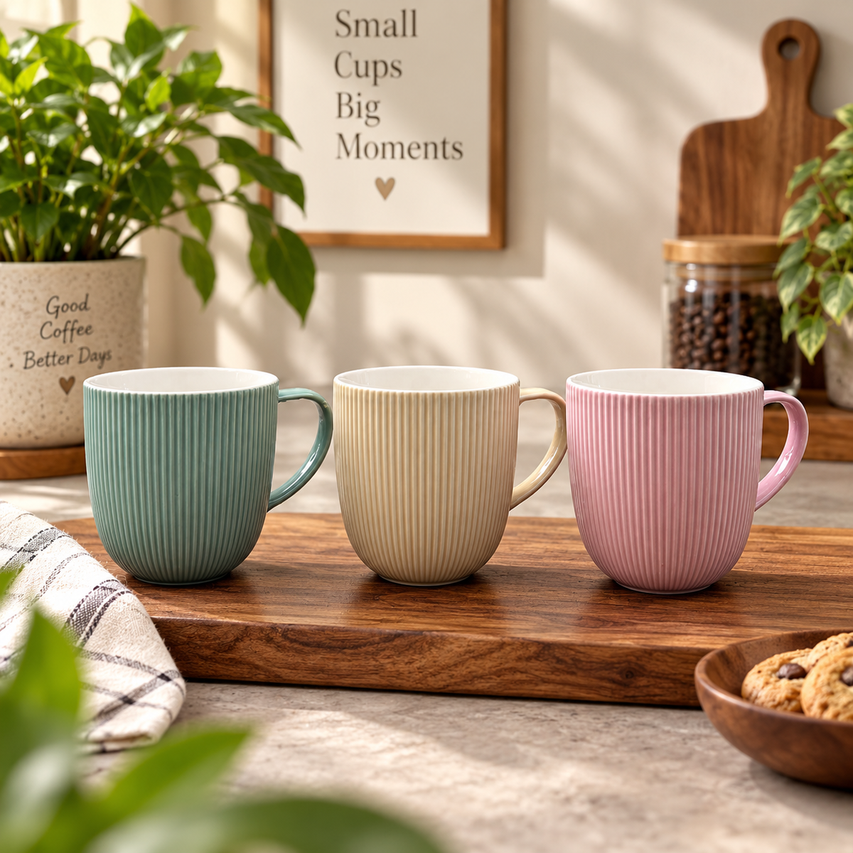 Ribbed Elegance Ceramic Mug Set – 3 Pcs