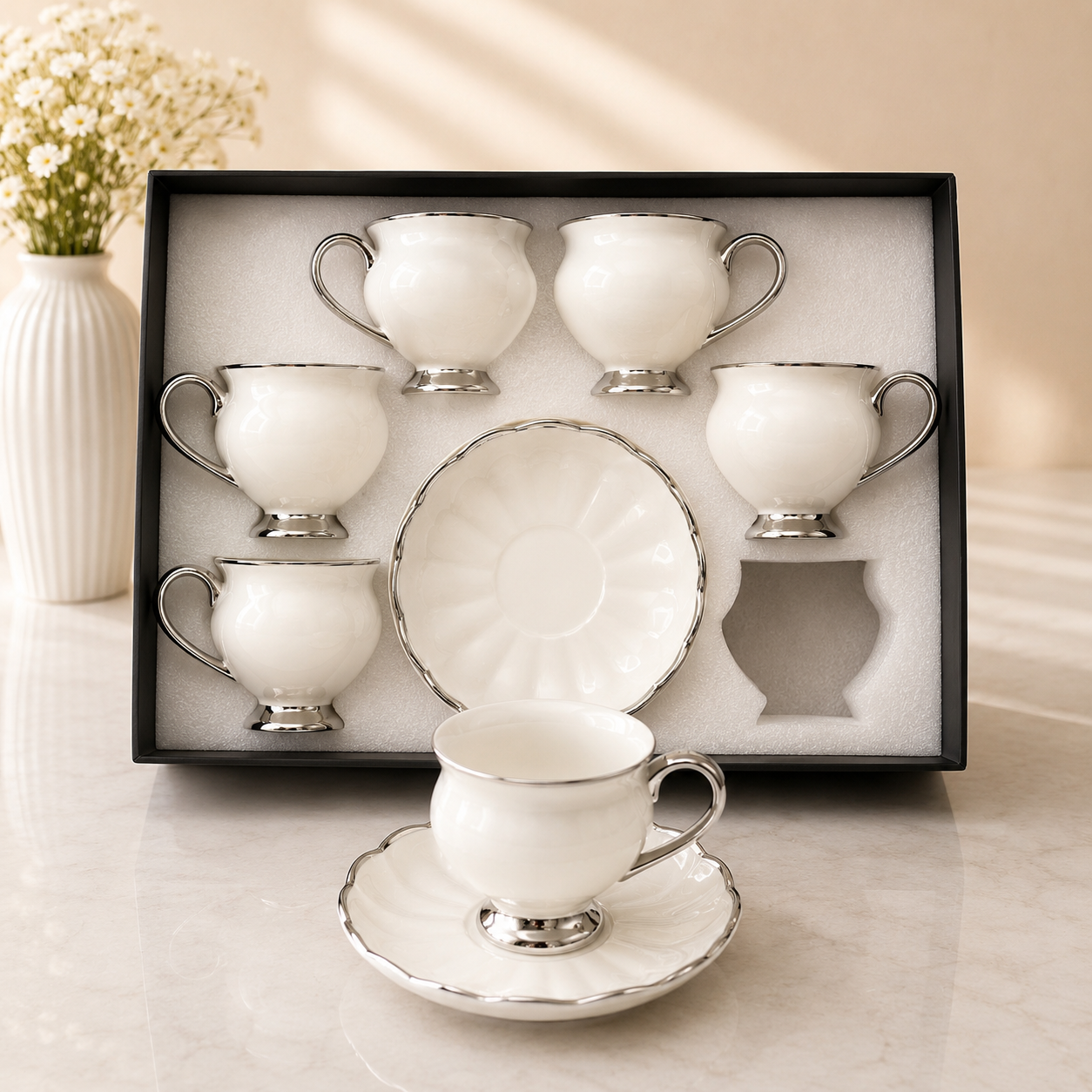 Classic White Cup & Saucer Set with Silver Rim – 12 Pieces