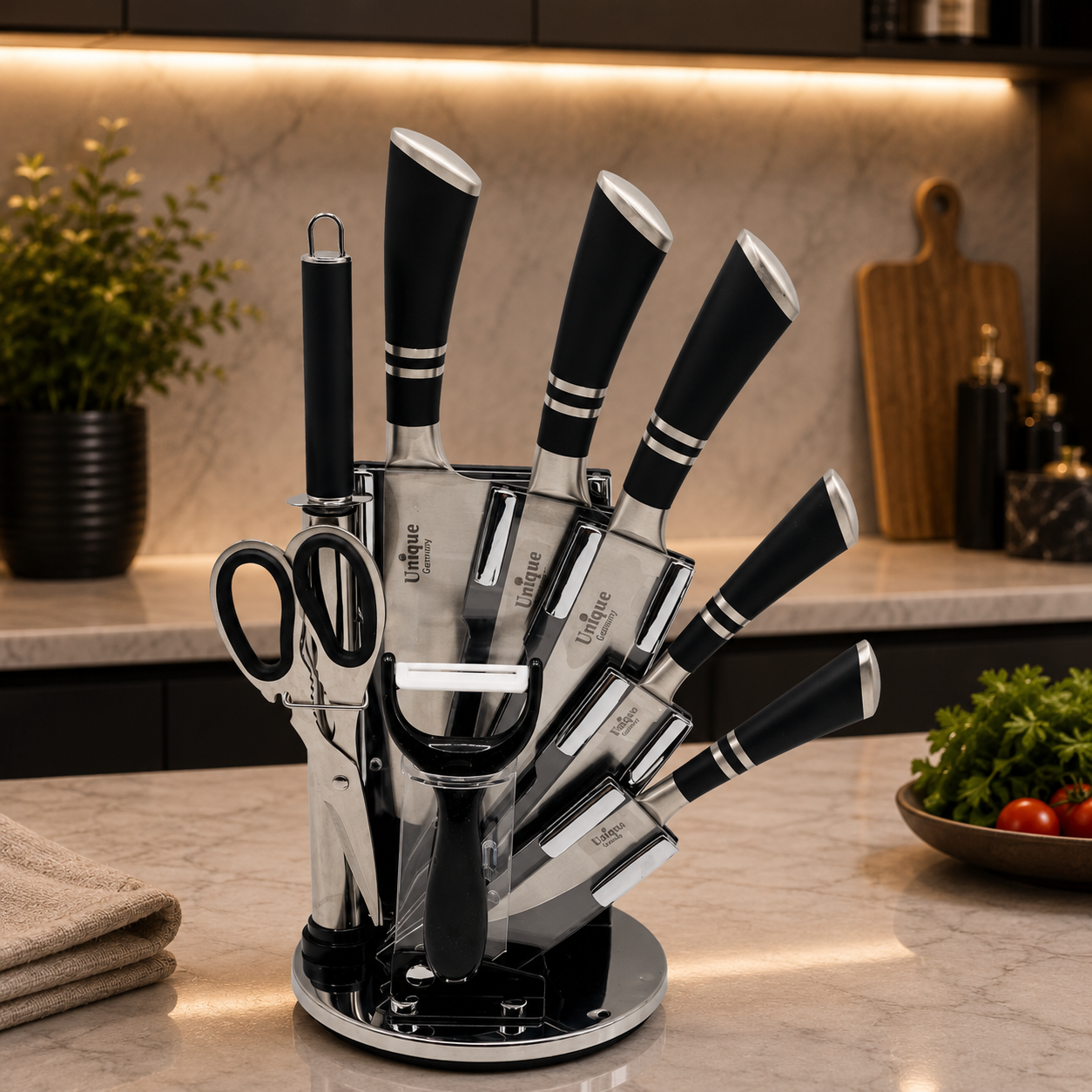 7-Piece Premium Stainless Steel Knife Set with Rotating Stand