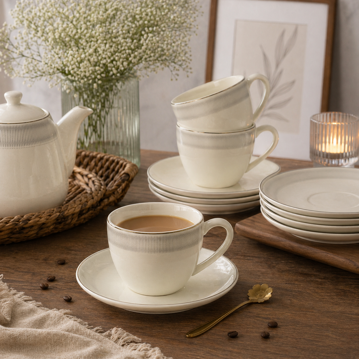Tea Cup & Saucer Set – 12 Piece Premium Ceramic Set (6 Cups + 6 Saucers)