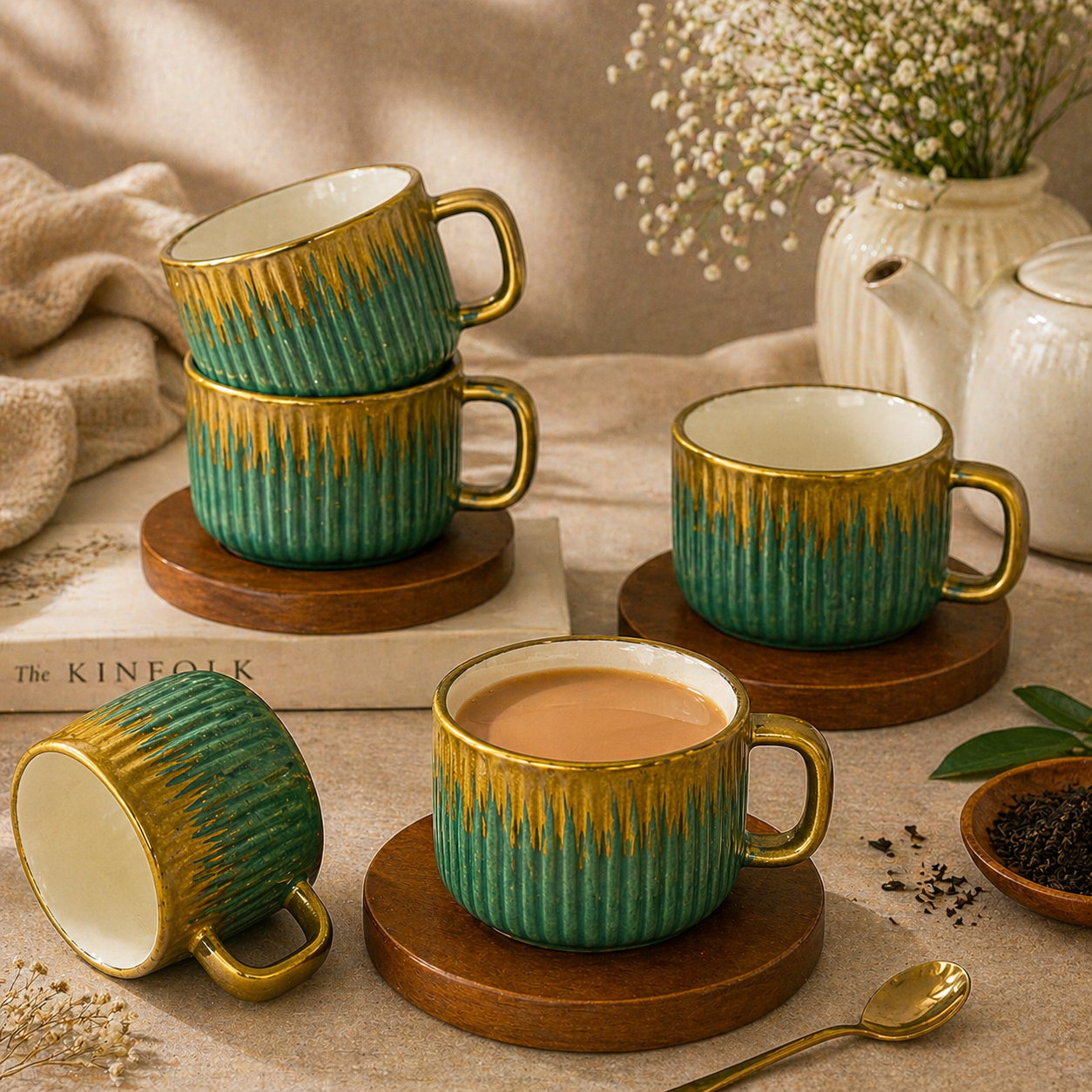 Tea Cup & Saucer Set – 12 Piece Premium Ceramic Set (6 Cups + 6 Wooden Saucers)