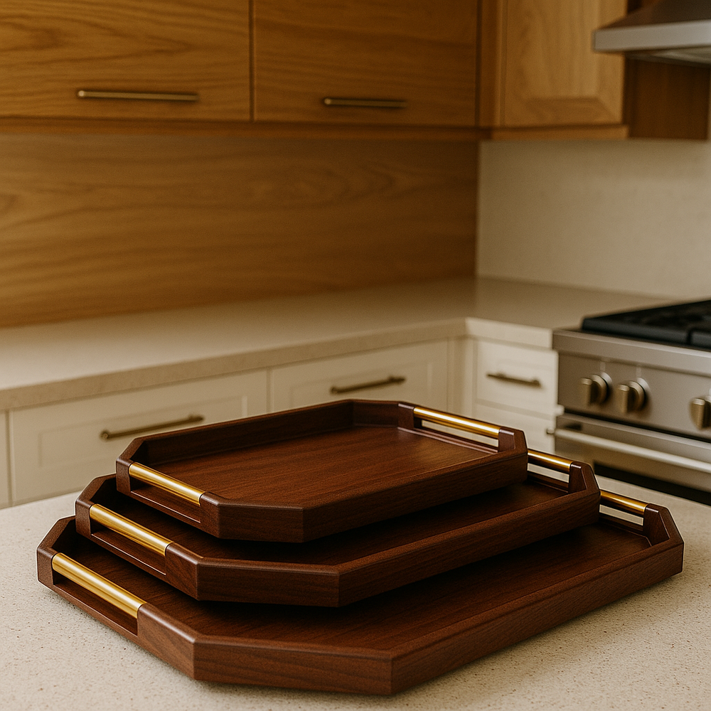 Walnut Wooden Serving Tray Set – 3pcs