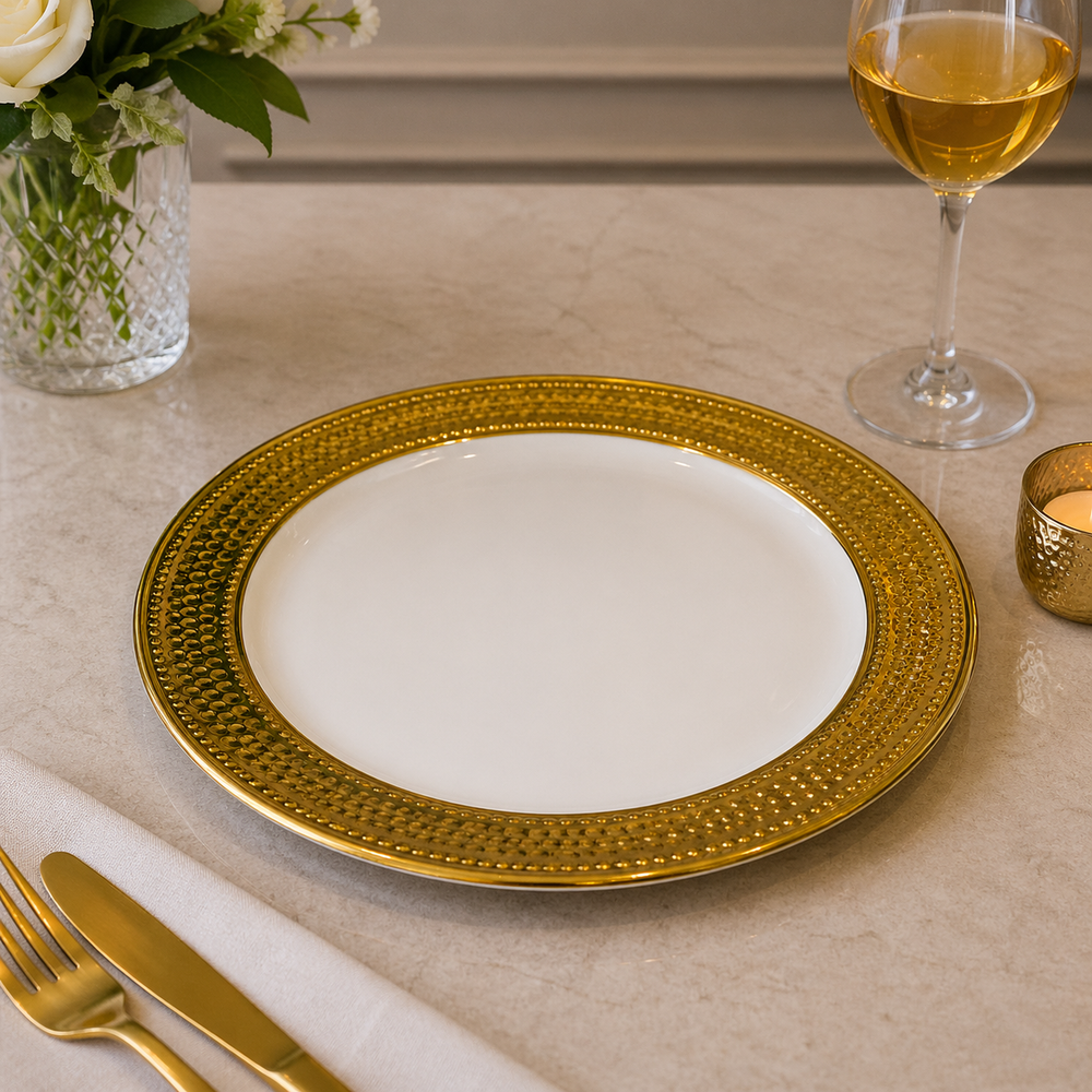 Brilliant Elegant 10.25-Inch Round Plate G-White with Gold Rim