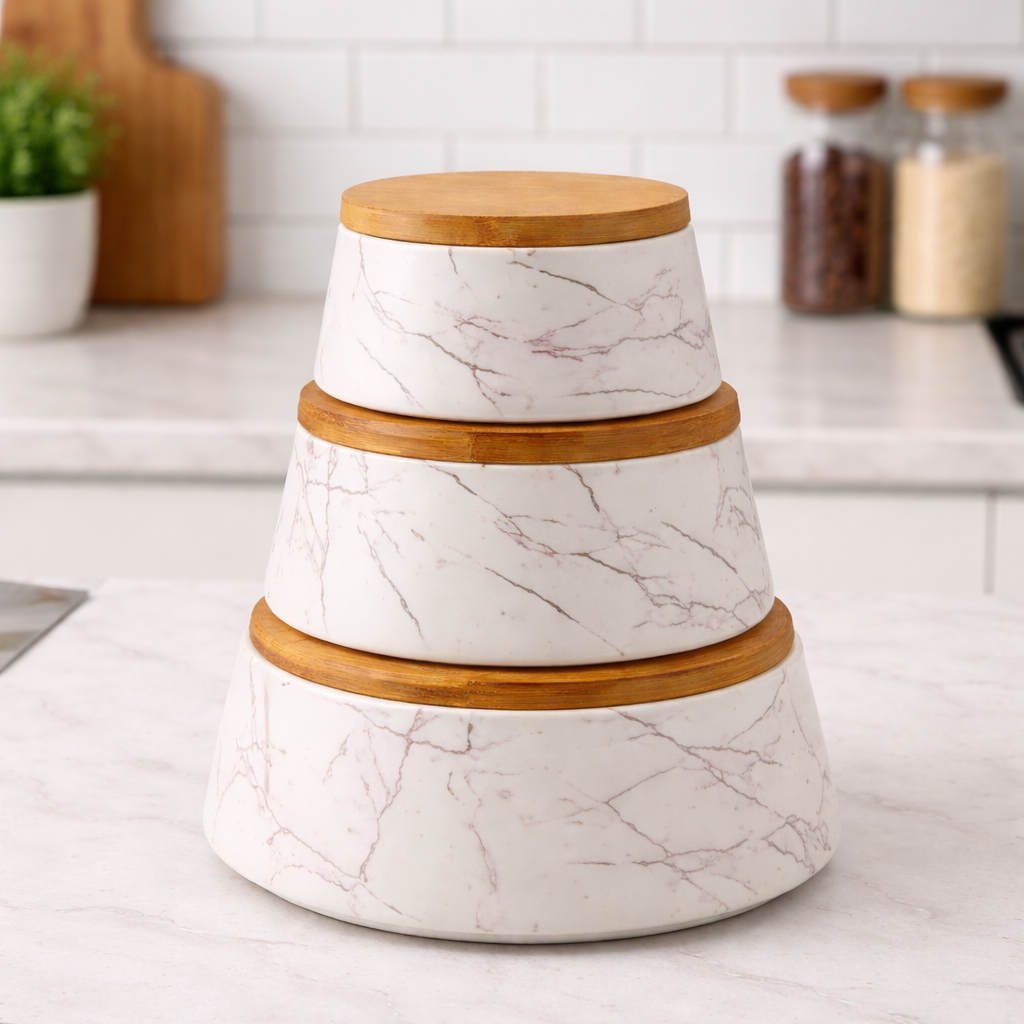 Deluxe Ceramic 3PC Bowl Set with Natural Wooden Lids (Space-Saving)