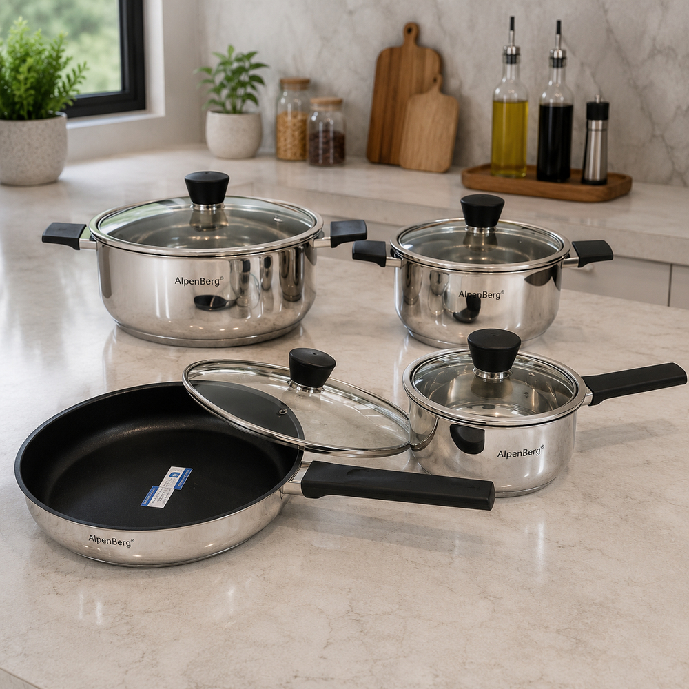Alpenberg 8 Pieces Stainless Steel Cookware Set with Glass Lids