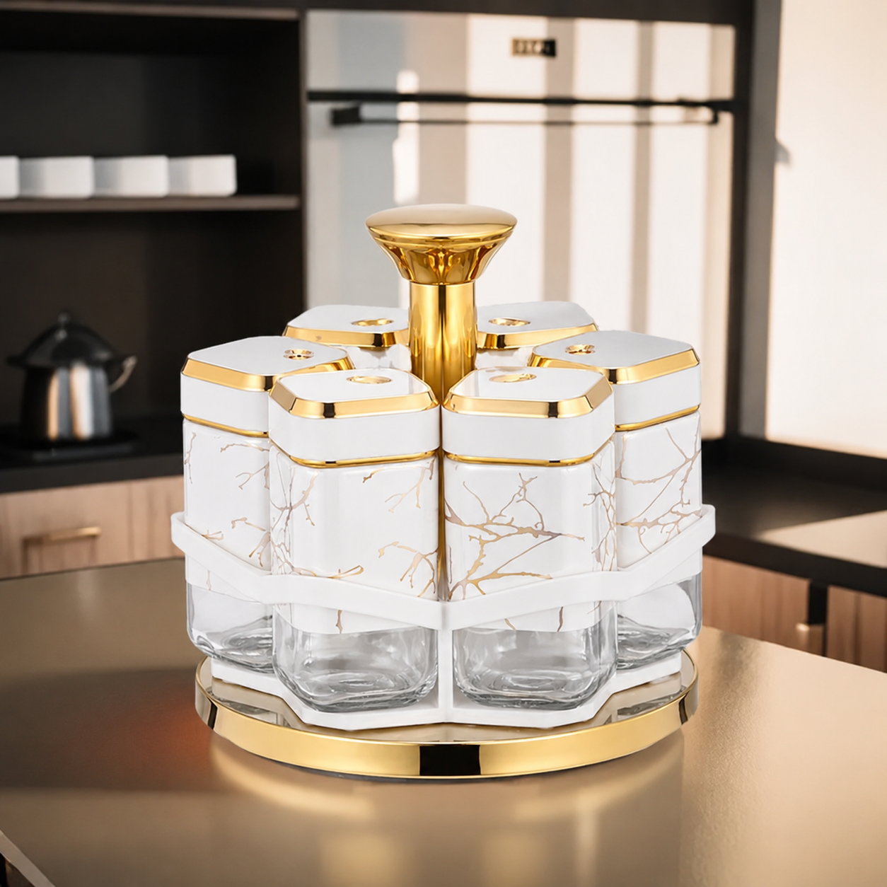 6-Piece Rotating Spice Jar Set – White & Black