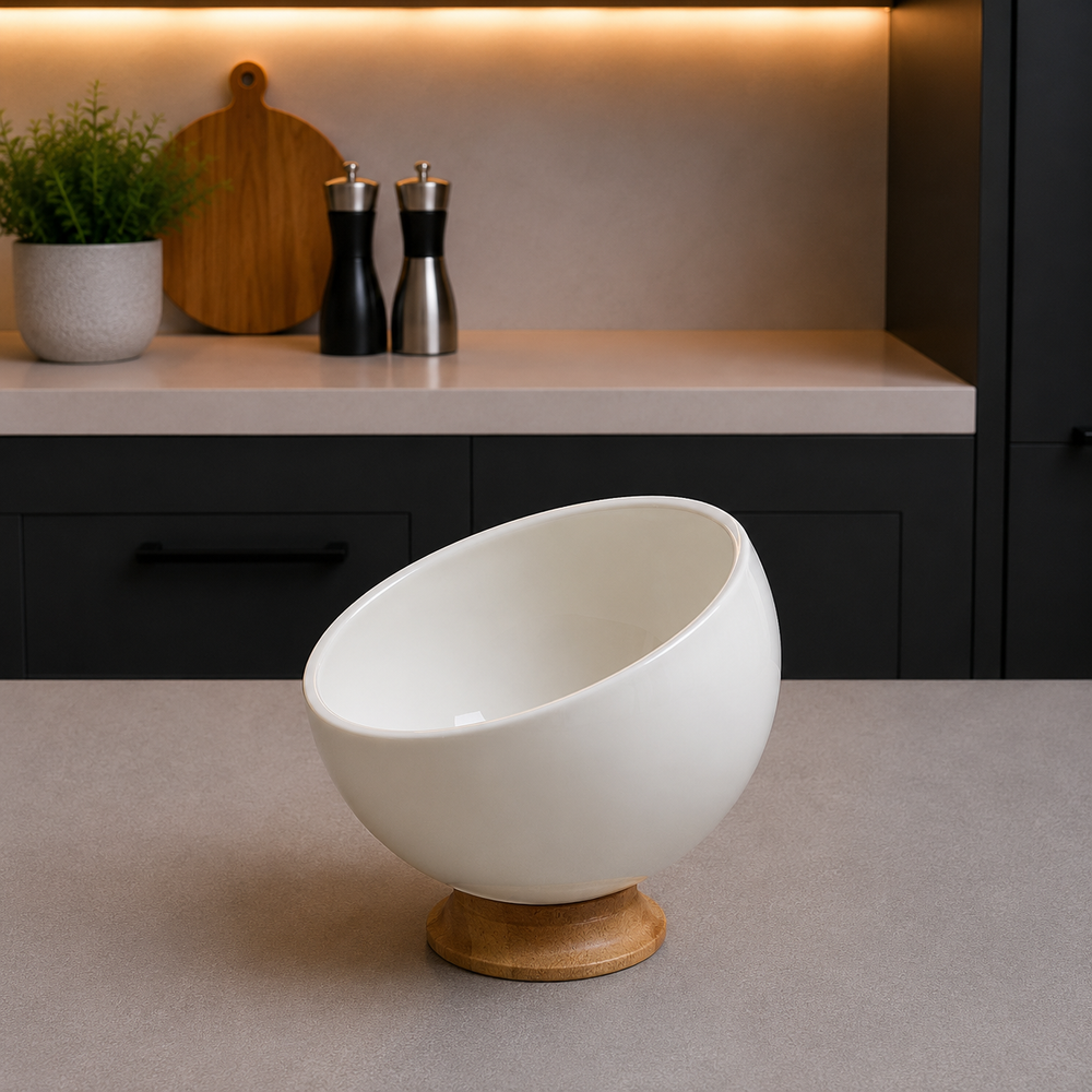 Premium Ceramic Serving Bowl with Wooden Base
