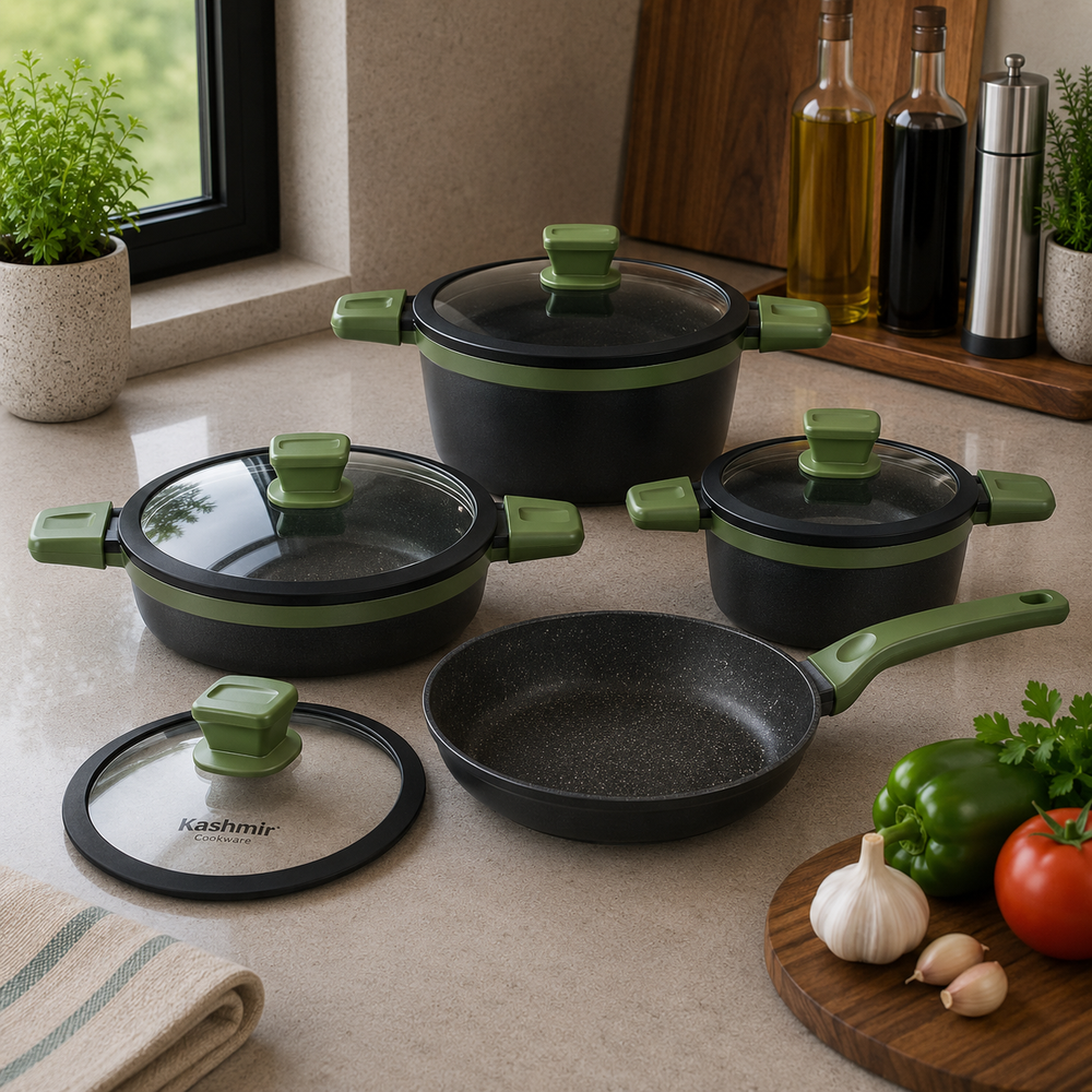 Alpenberg 8 Pieces Cookware Set Black/Green with Glass Lids