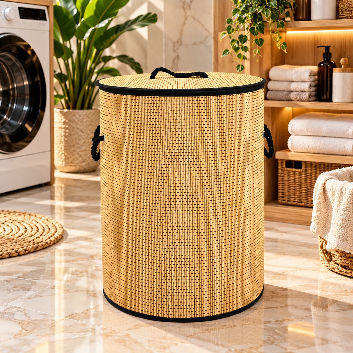 Premium Bamboo Laundry Basket with Lid & Rope Handles – 40 × 50 cm