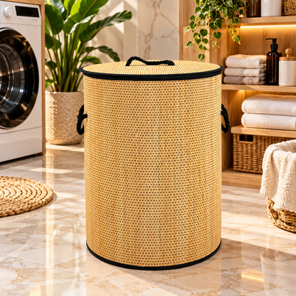 Premium Bamboo Laundry Basket with Lid & Rope Handles – 40 × 50 cm