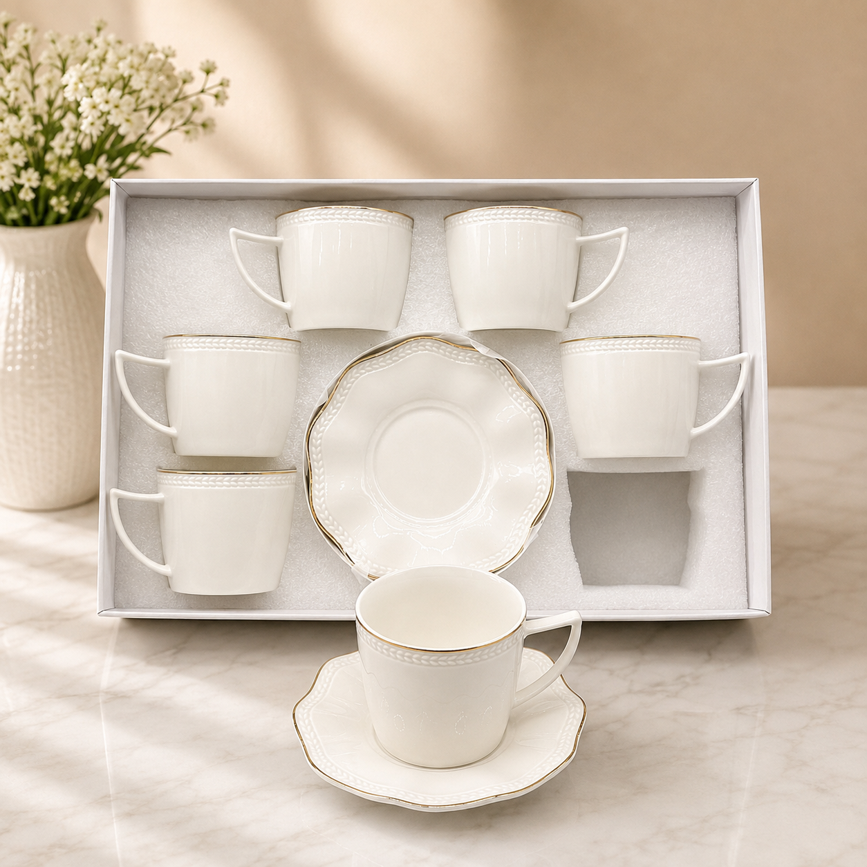 Classic White Cup & Saucer Set – 12 Pieces