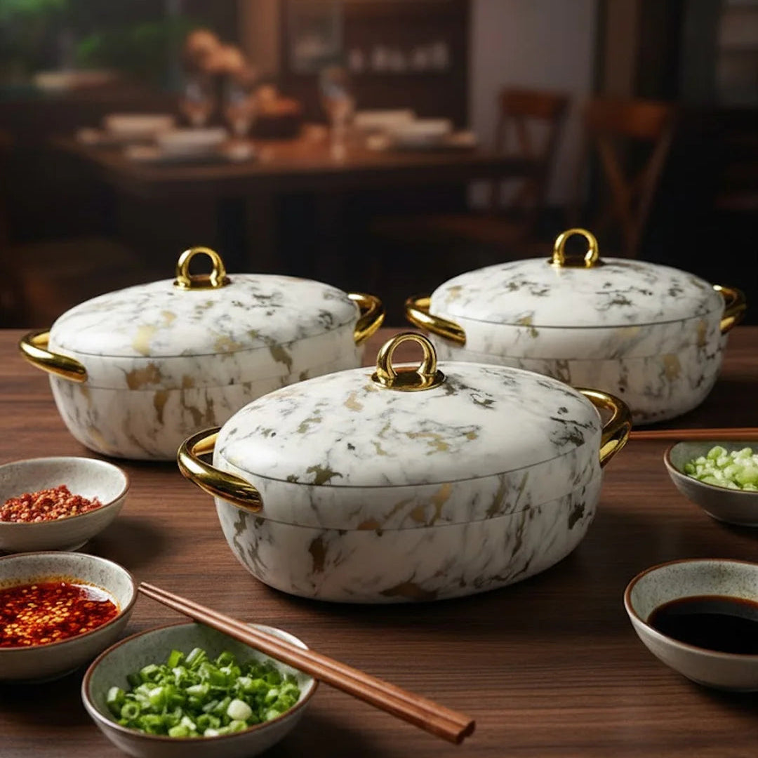 Marble Finish Luxury Hotpot Set with Gold Handles