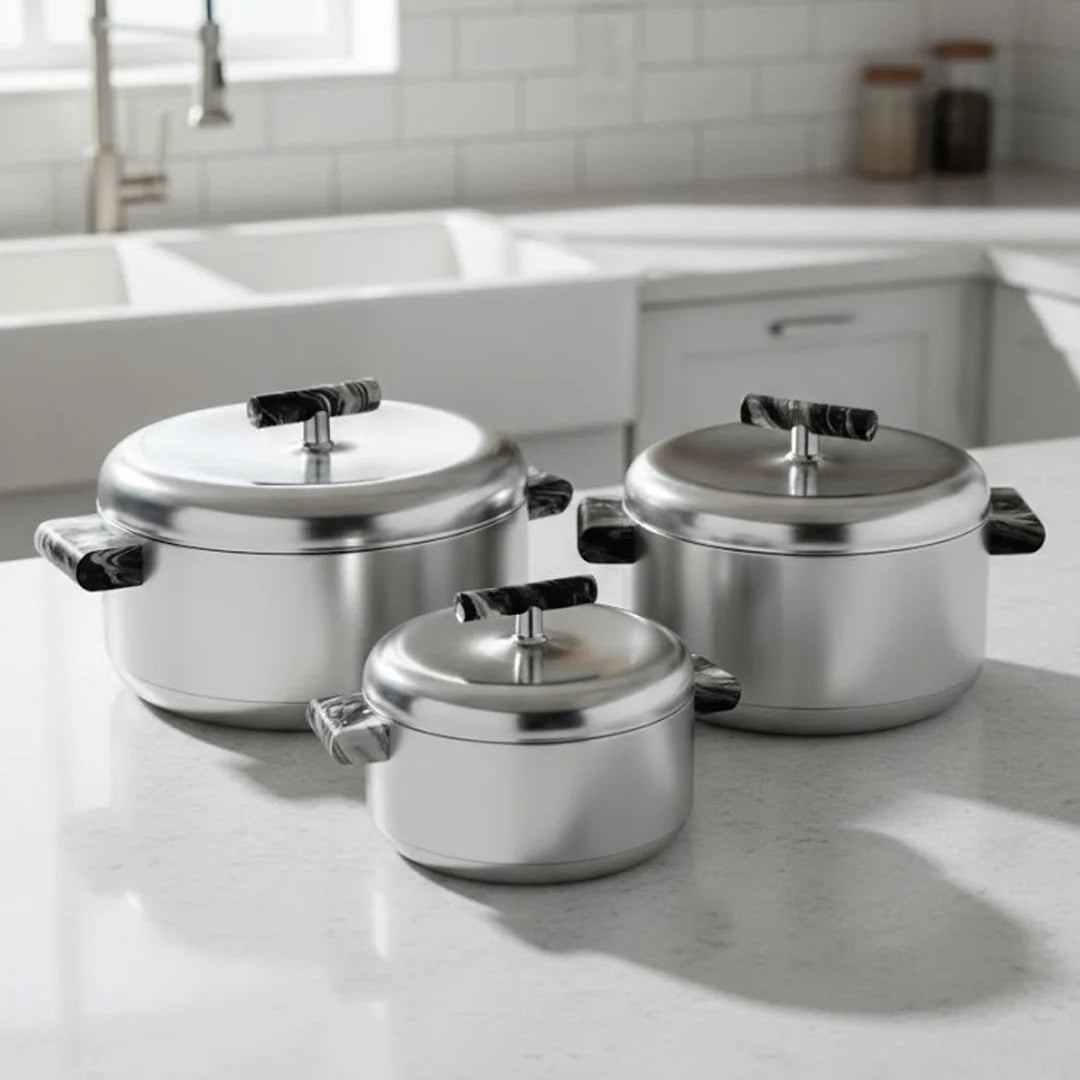 Luxury Stainless Steel Hotpot Set – 3 Pcs Insulated Serving Set