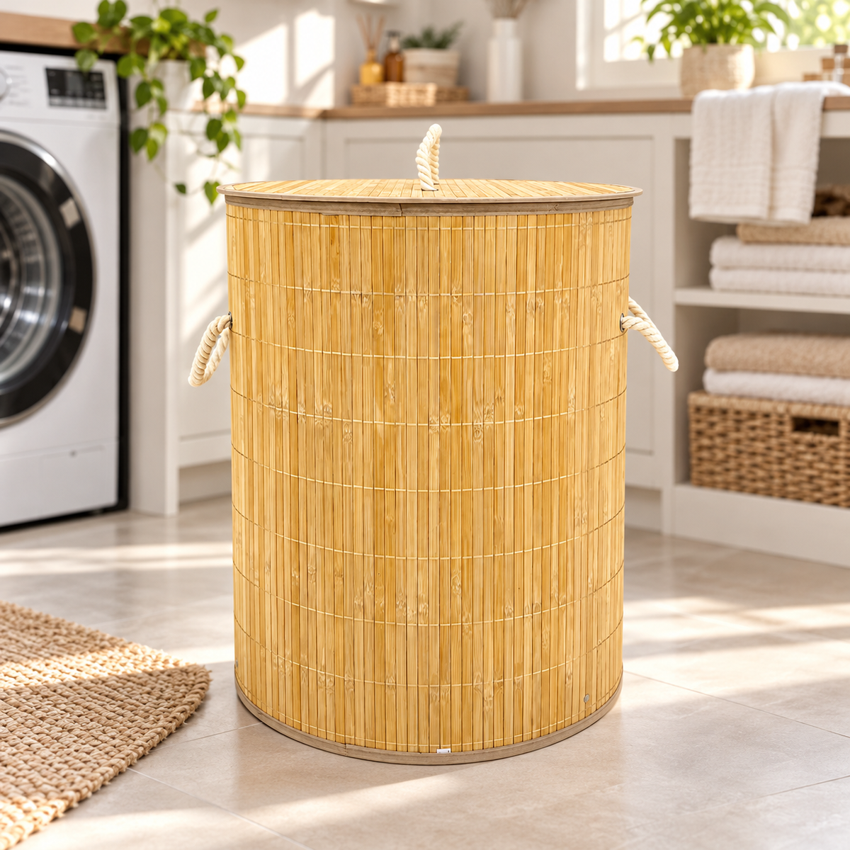 Bamboo Laundry Basket with Lid & Rope Handles – 40 × 50 cm