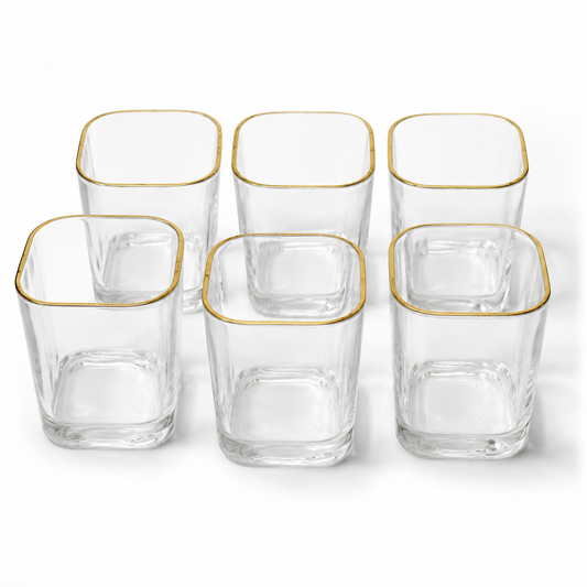 6 Pcs Gold Rim Square Glass Tumbler Set