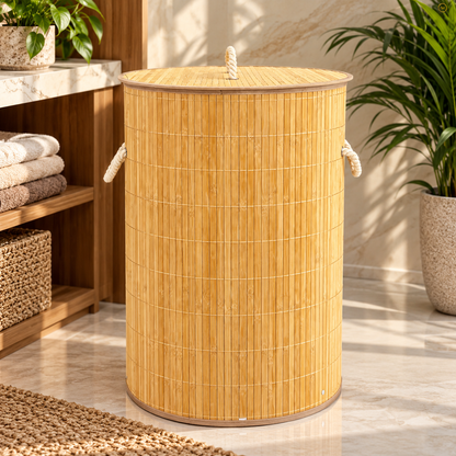 Premium Round Bamboo Laundry Basket with Lid & Rope Handles – 40 × 60 cm
