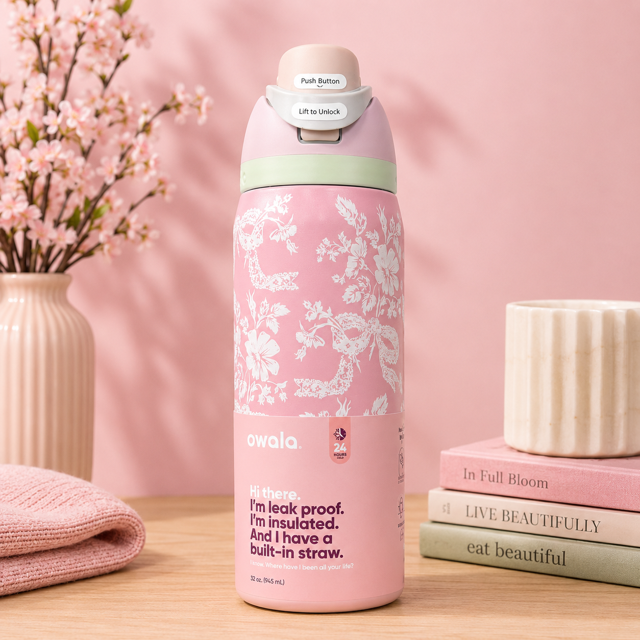 Owala 32oz Floral Pink Insulated Water Bottle with Built-In Straw