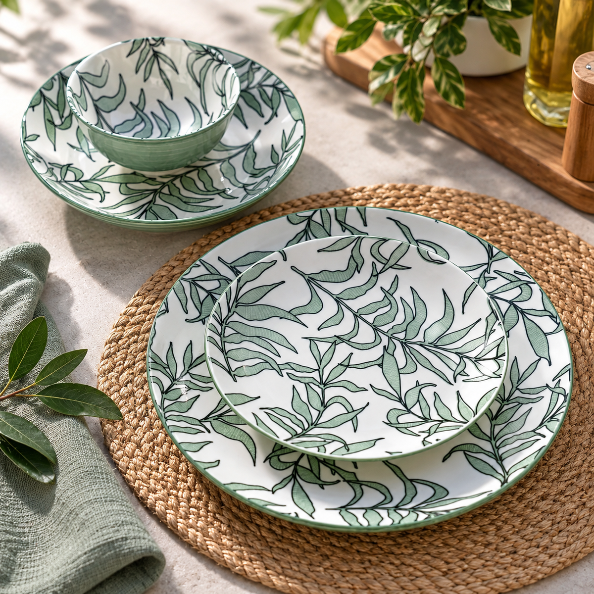 24-Piece Premium Green Botanical Stoneware Ceramic Dinnerware Set