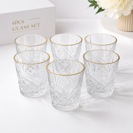 6 Pcs Gold Rim Crystal Glass Tumbler Set