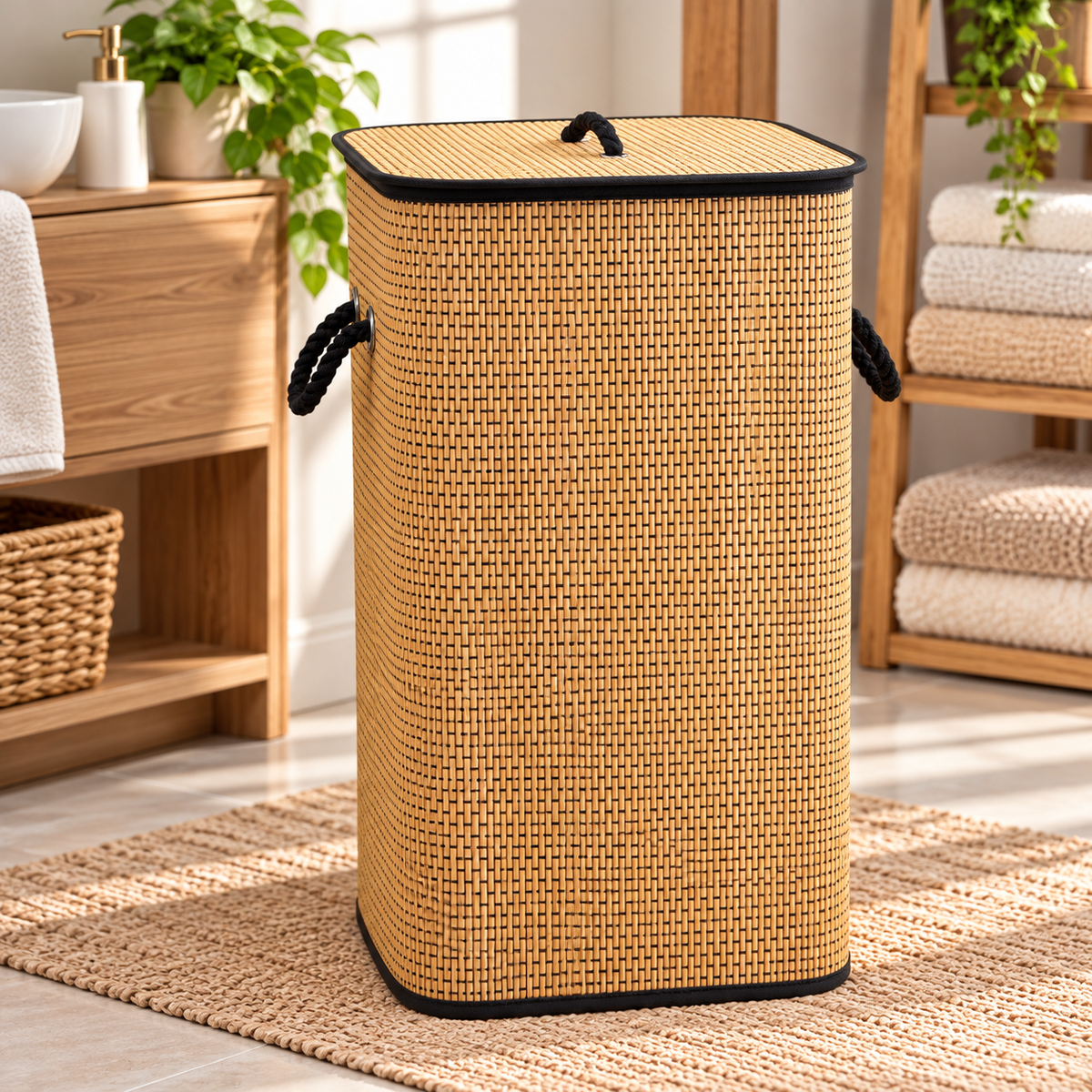 Bamboo Laundry Basket with Lid & Black Rope Handles – 40 × 30 × 60 cm