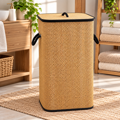 Bamboo Laundry Basket with Lid & Black Rope Handles – 40 × 30 × 60 cm