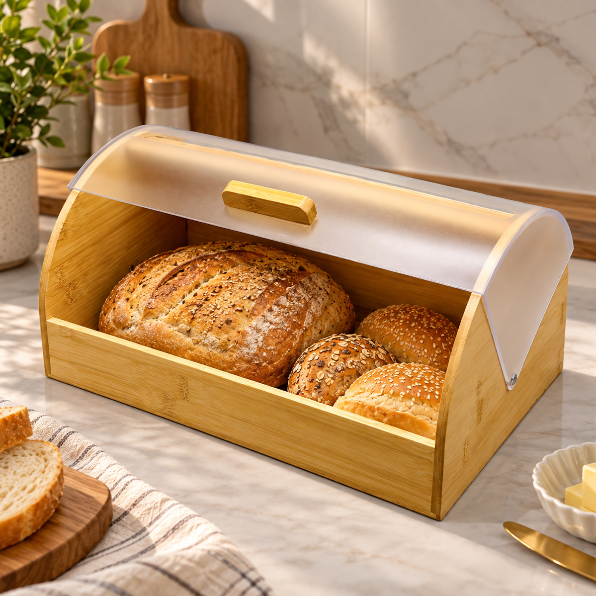Premium Bamboo Bread Box with Roll-Top Lid