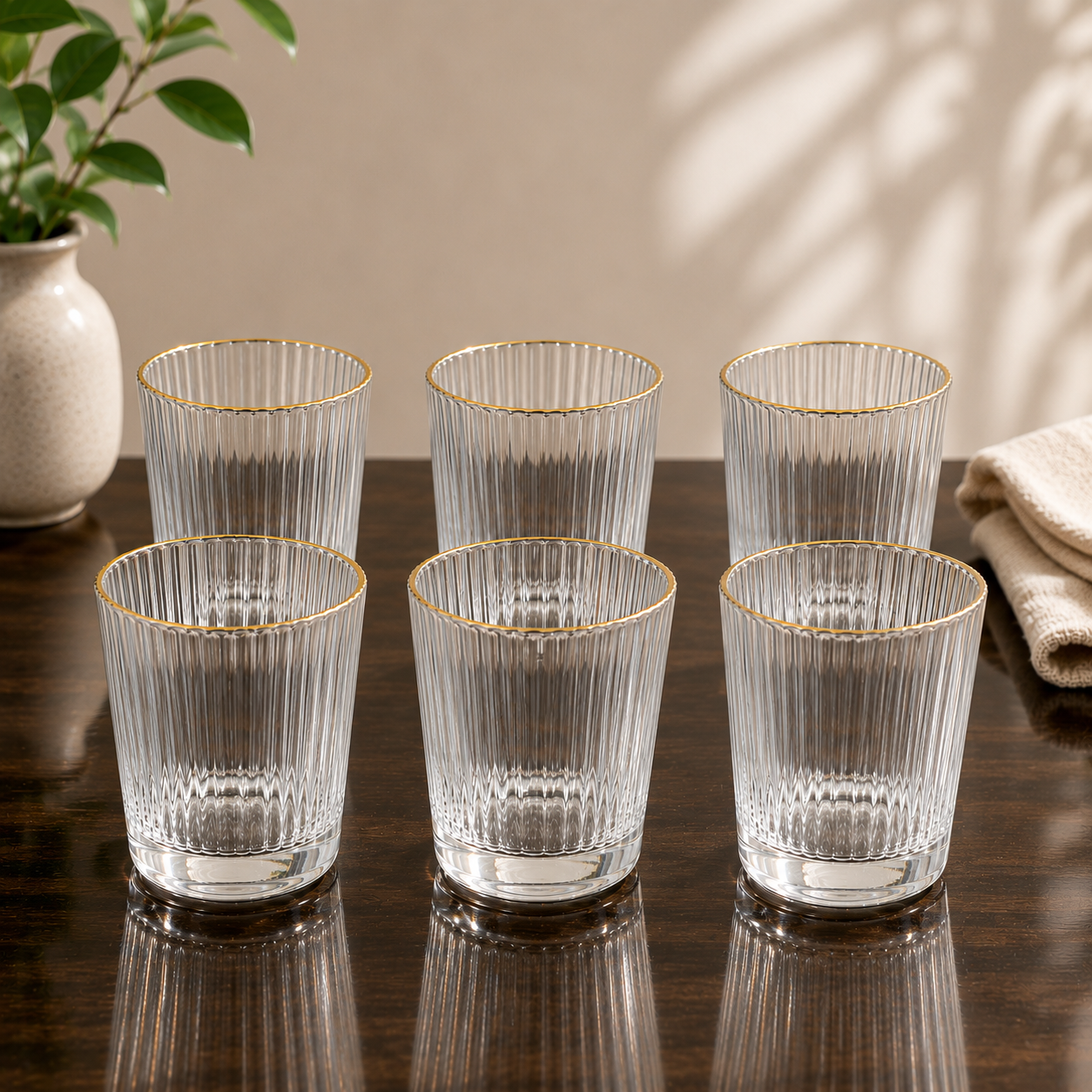 6 Pcs Ribbed Glass Set with Gold Rim