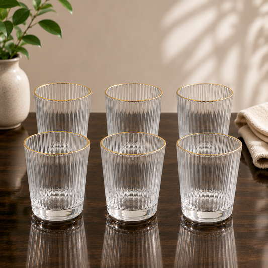 6 Pcs Ribbed Glass Set with Gold Rim