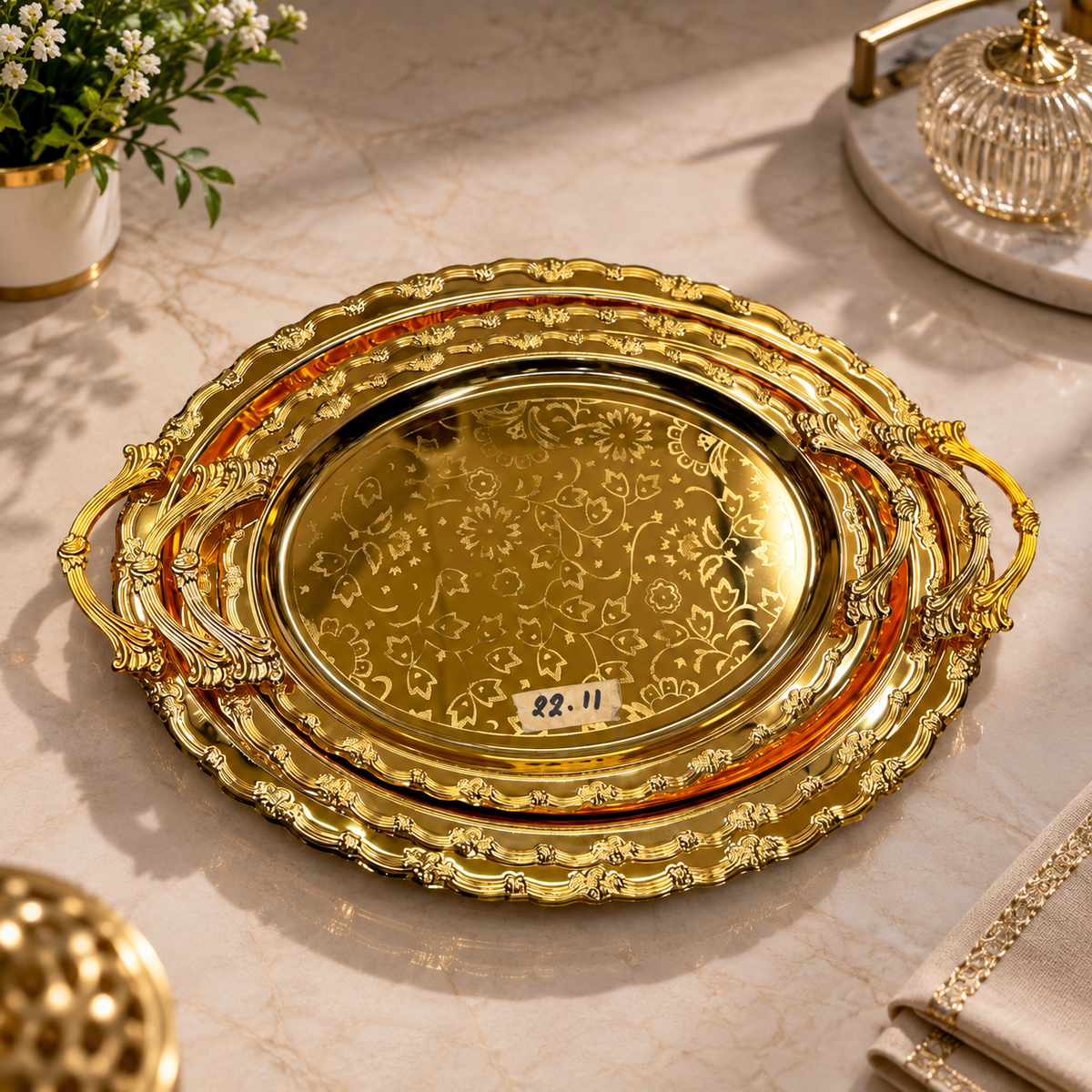 3-Piece Golden Stainless Steel Decorative Tray Set
