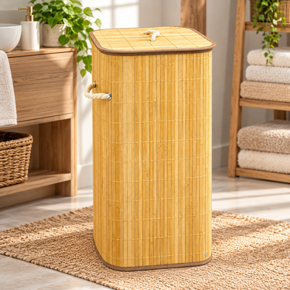 Bamboo Laundry Basket with Lid & Rope Handles – 40 × 30 × 55 cm