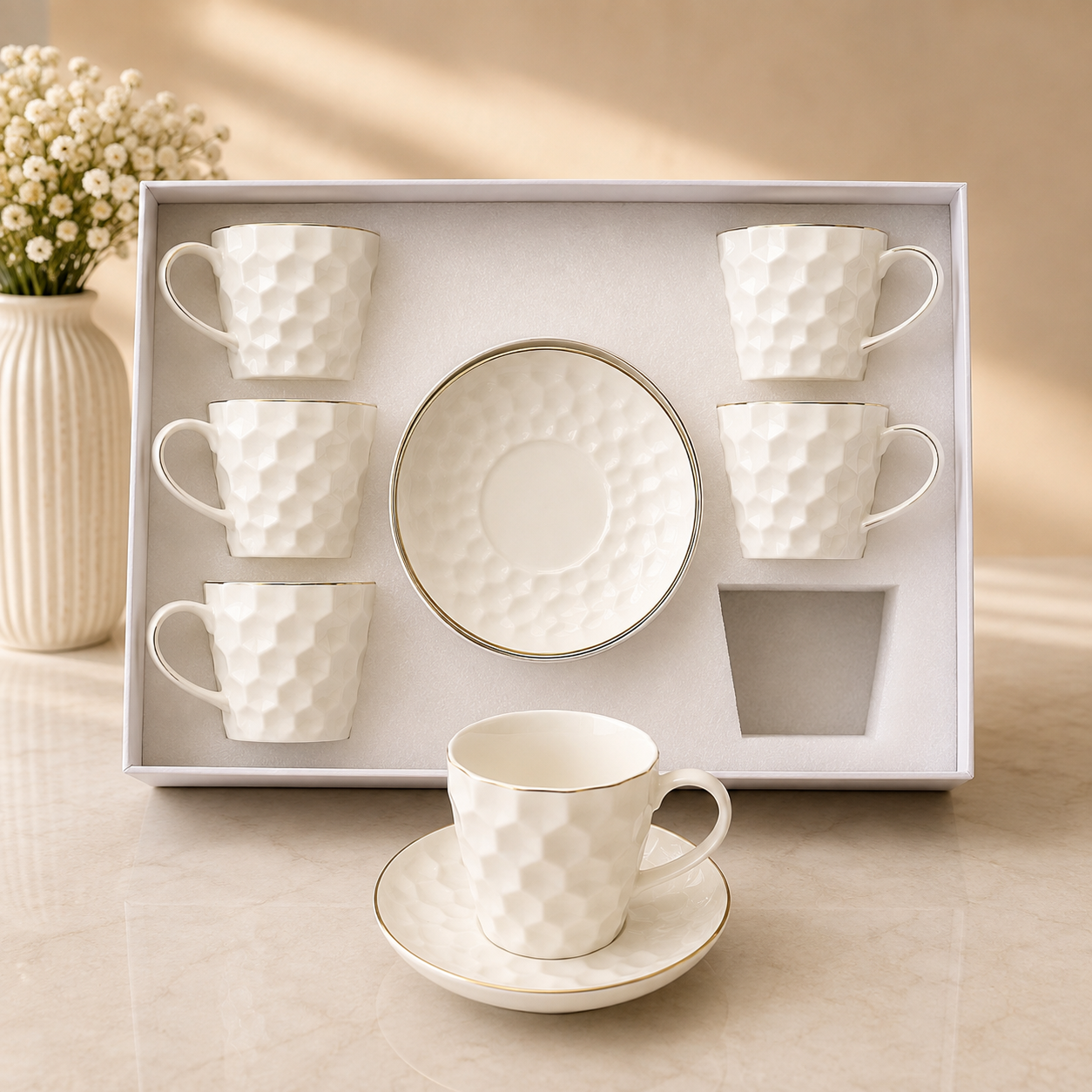 Honeycomb White Cup & Saucer Set – 12 Pieces