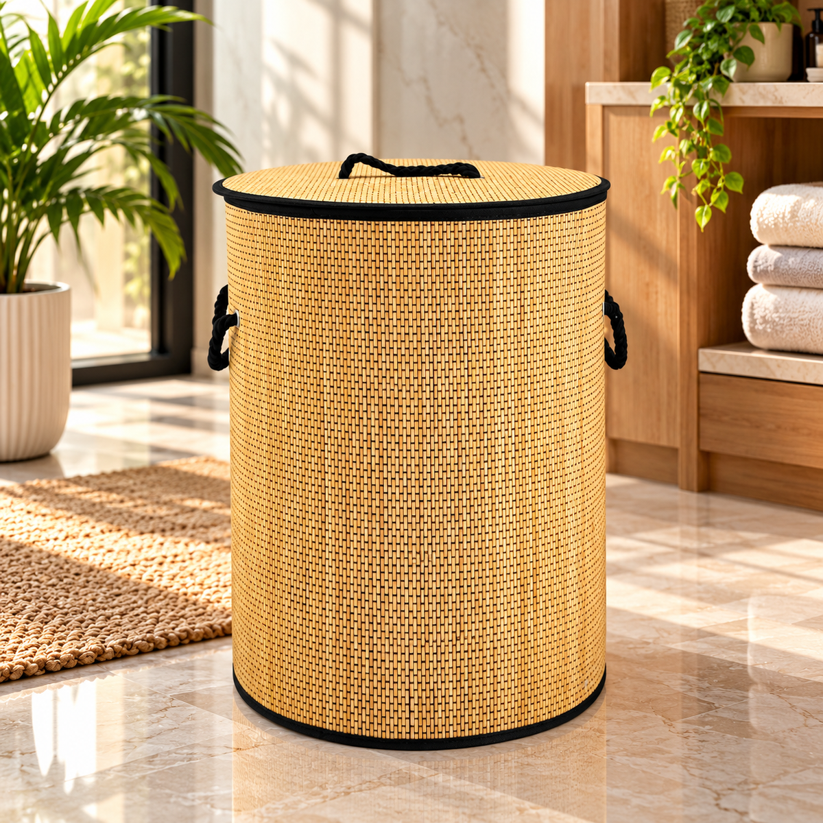 Premium Bamboo Laundry Basket with Lid & Rope Handles – 40 × 60 cm