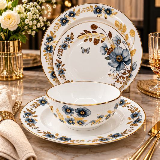 Premium Porcelain 24-Piece Dinner Set for 6 Persons – Blue Floral & Gold Rim