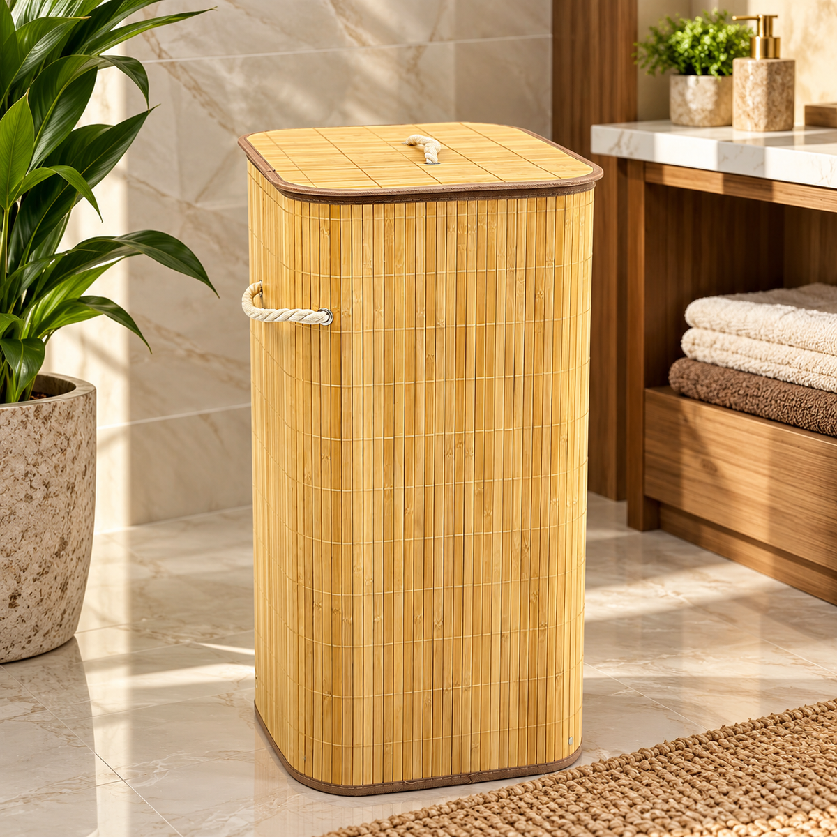 Premium Bamboo Laundry Basket with Lid & Rope Handles – 40 × 30 × 60 cm