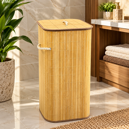 Premium Bamboo Laundry Basket with Lid & Rope Handles – 40 × 30 × 60 cm