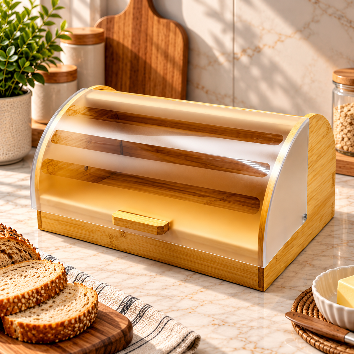 Premium Bamboo Bread Box with Roll-Top Lid